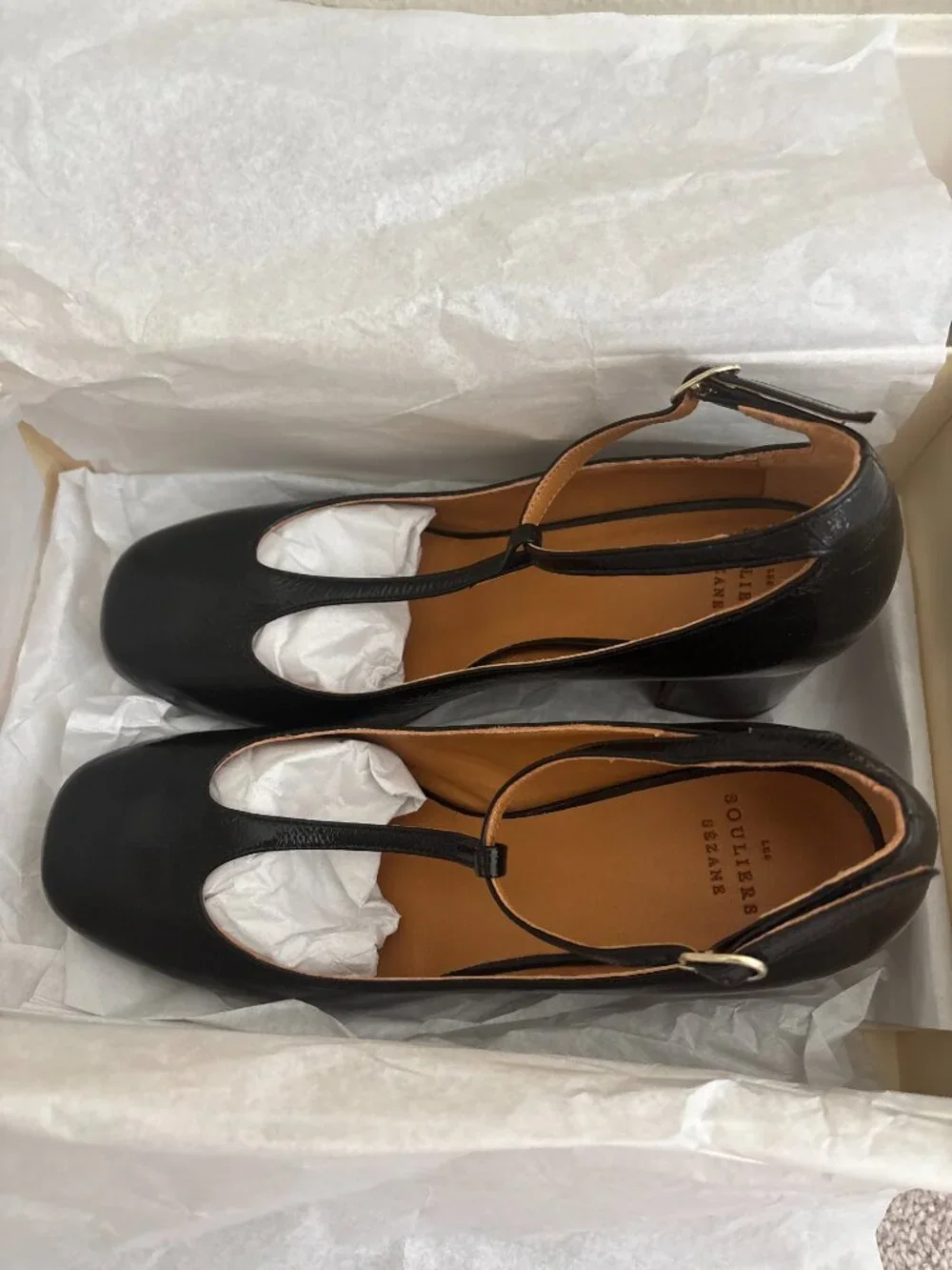 NEW Sezane Marcy Mary Jane Heels Sz 38 Black Goat Patent Leather